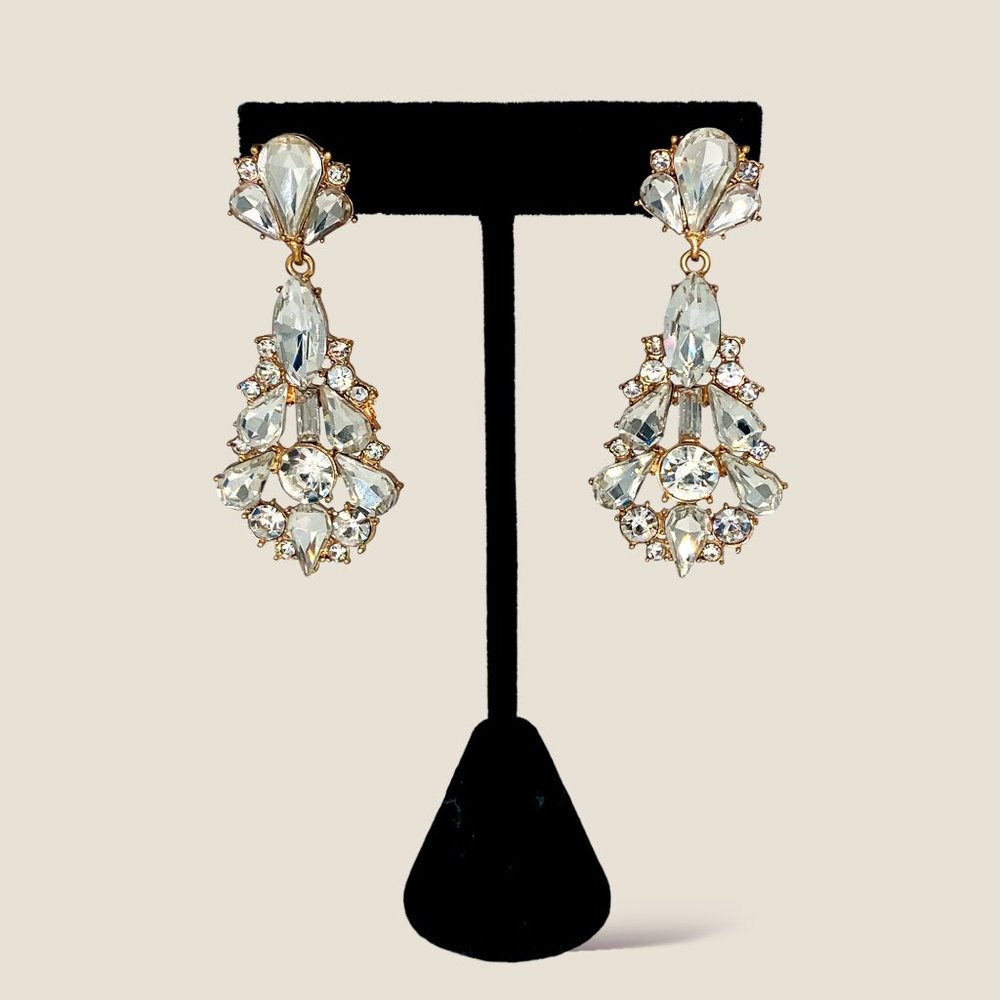 NEW Badgley Mischka Gold Crystal Drop Bridal Dangle Earrings Art Deco Chunky - Picture 4 of 6